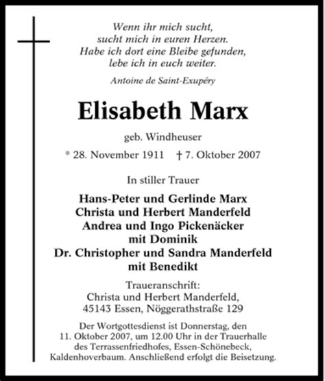 Traueranzeigen Von Elisabeth Marx Trauer In Nrw De