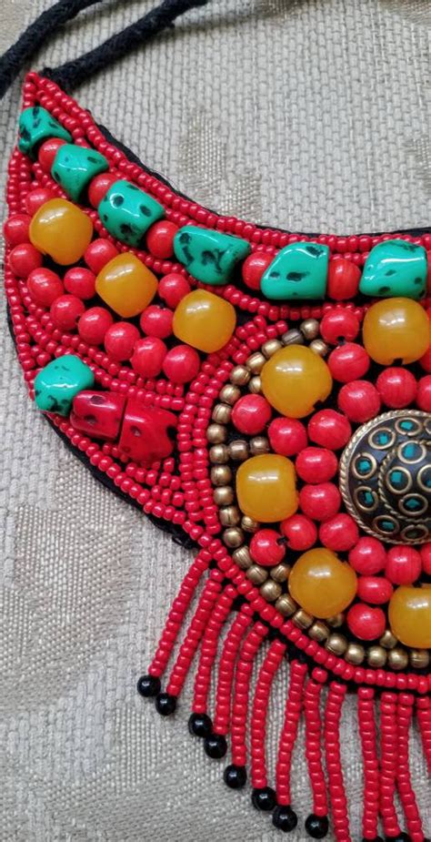 Tibetan Beaded Bib Collar Necklace Statement Necklace Red Etsy