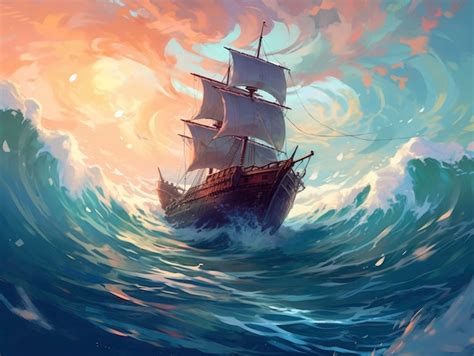 Premium AI Image | A painting of a ship in a storm