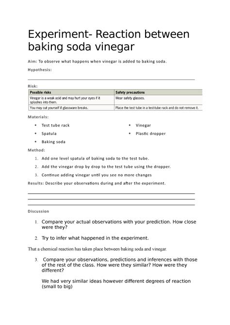 Experiment Class Worksheet Baking Soda And Vinagar Experiment