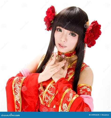 Fille De Style Chinois De L Asie Dans Le Danseur Traditionnel Rouge De