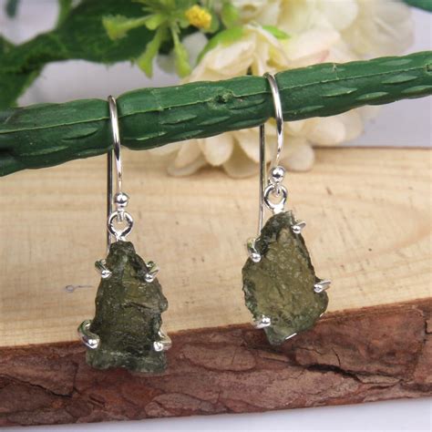 Raw Authentic Czech Moldavite Earring Sterling Silver Gemstone