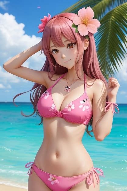 Chica anime en bikini rosa mirándote Foto Premium