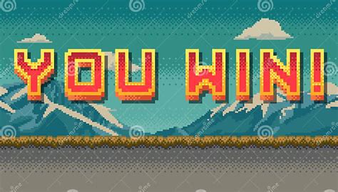 You Win Pixel Art Design with Mountain Landscape Background. Colorful Arcade Screen for Game ...