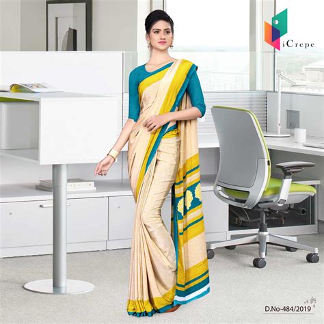 Off White And Blue Italian Crepe Silk Anganwadi Uniform Saree Uniform