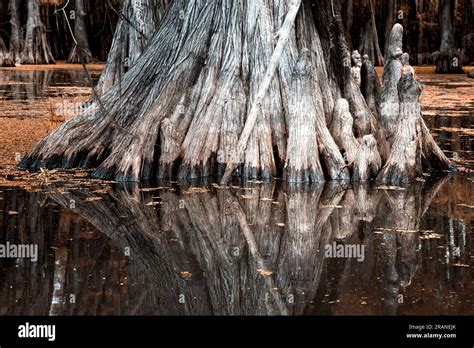 Tree Trunk Of A Cypress Tree And Its Reflection In The Caddo Lake