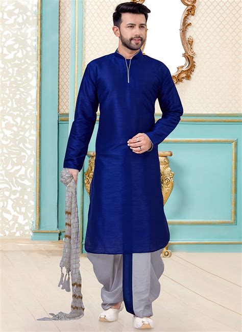 Shop Blue Dupion Silk Kurta Pyjama Online At Best Price Cbazaar