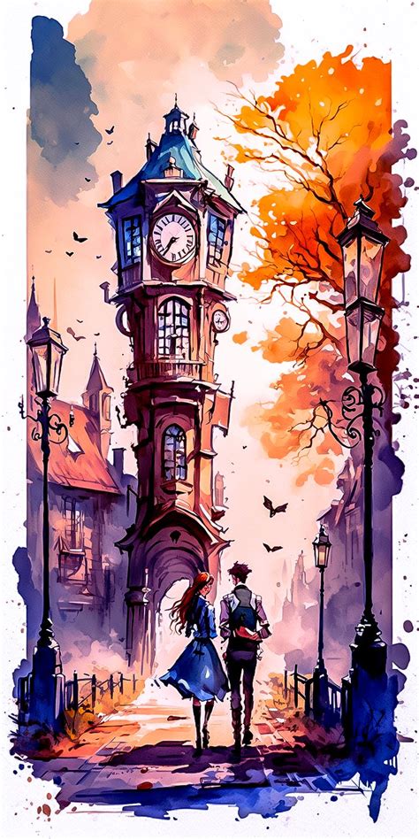 Watercolor steampunk style two lovers art romantic paintings. Beautiful ...