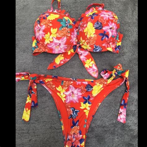 Red Tropical Bikini Set Top C Bottoms Size Depop
