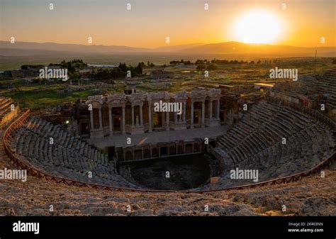 hierapolis ancient city pamukkale turkey sunset   ruins unesco