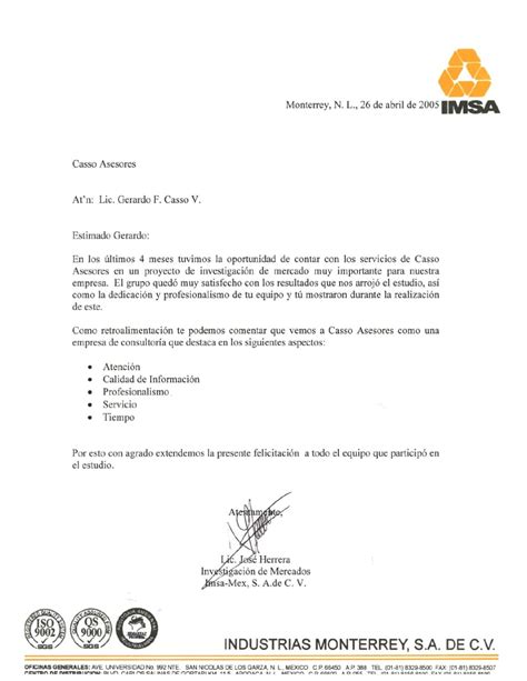 Carta Testimonial IMSA By Casso Asesores Issuu