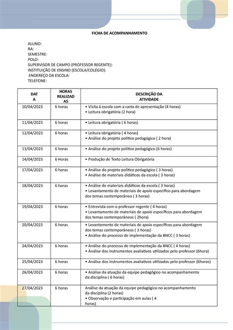 Ficha De Acompanhamento Est Gio Obrigat Rio Ii Preenchida Ficha De