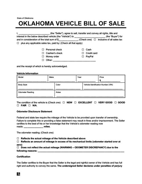 Oklahoma Bill Of Sale Printable