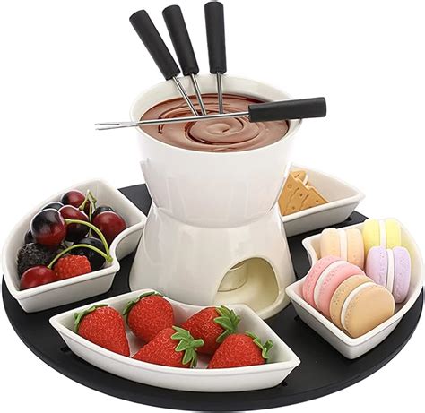 Bstkey White Ceramic Chocolate Fondue Pot Set Cheese Ice Cream Warmer