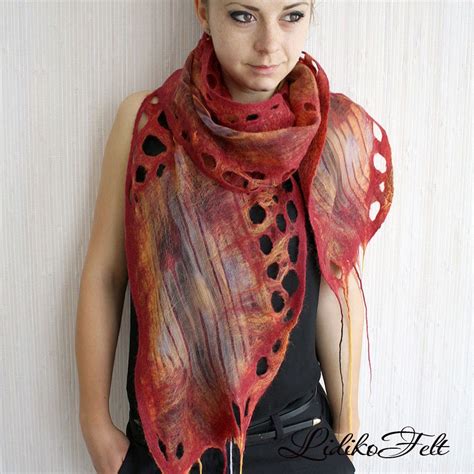 Nuno Felted Silk Scarf Shawl Wrap RED ORANGE Ecofriendly Etsy