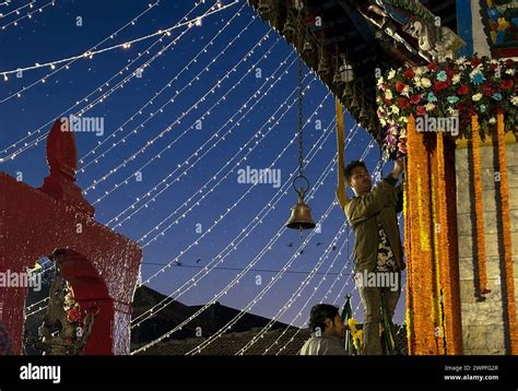 March Kathmandu Bagmati Nepal A Man Installs Decorative