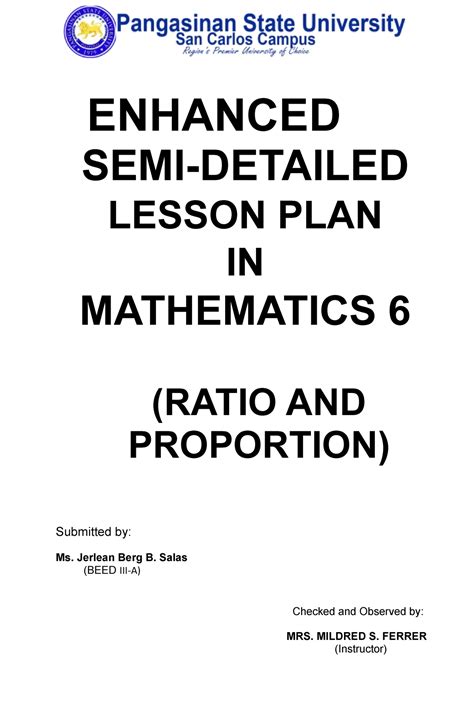 Prof Ed 109 Enhanced Lp Enhanced Semi Detailed Lesson Plan In Mathematics 6 Ratio And