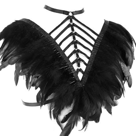 Black Sexy Body Harness For Women Feather Epaulettes Lingerie Cage Bra