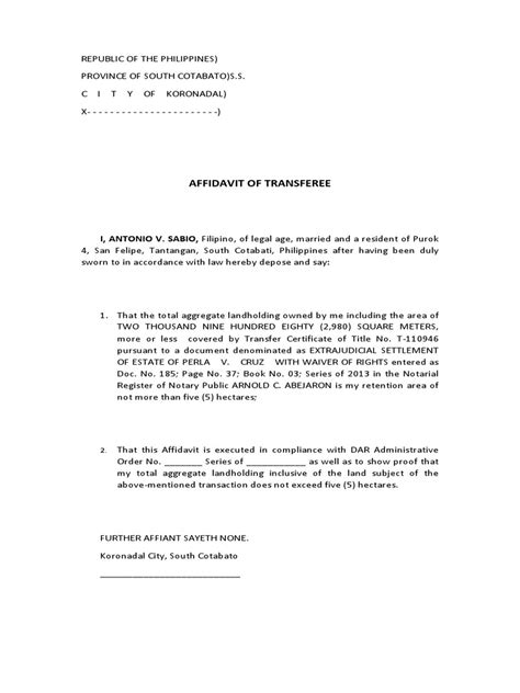 Affidavit Of Transferee I Antonio V Sabio Filipino Of Legal Age Married And A Resident Of