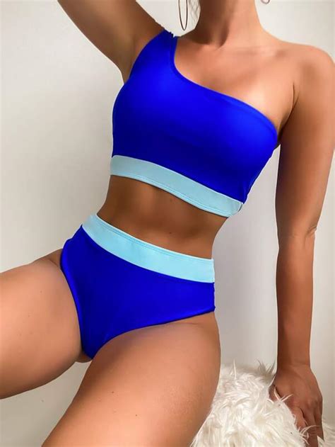 SHEIN Swim SERF Neon Blue Bikini Set Contrast Trim One Shoulder