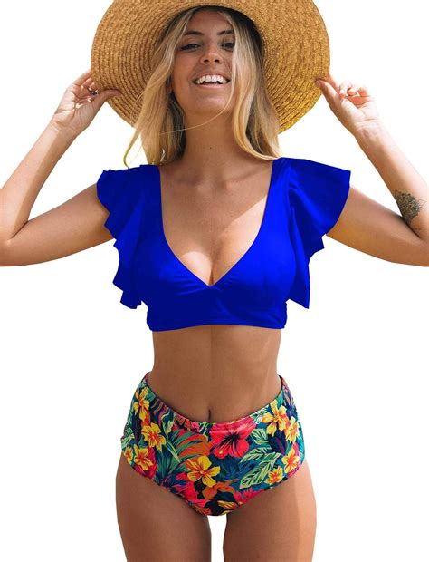 Amazon Sporlike Women Ruffle High Waist Swimsuit Push Up Tropical Bikini Floral Blue Medium