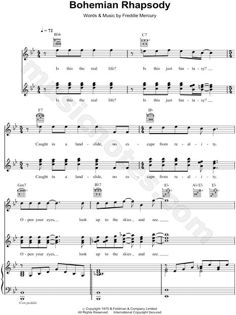 Queen Bohemian Rhapsody Sheet Music In Bb Major Transposable