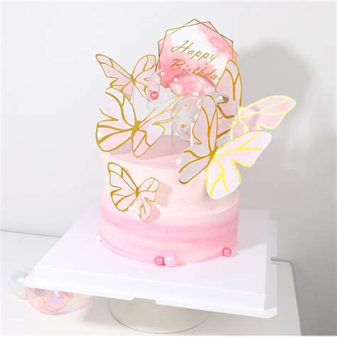 Set Of 5 PCS Pink Butterfly Cake Topper Bronzing Birthday And Wedding