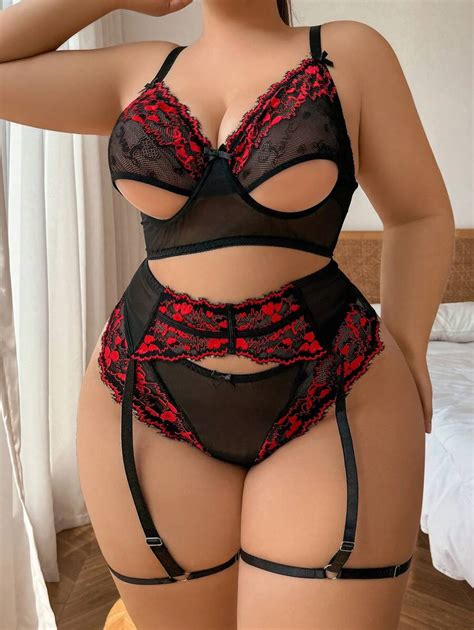 Plus Size Pcs Sexy Lace Mesh Hollow Out Lingerie Set With Underwire