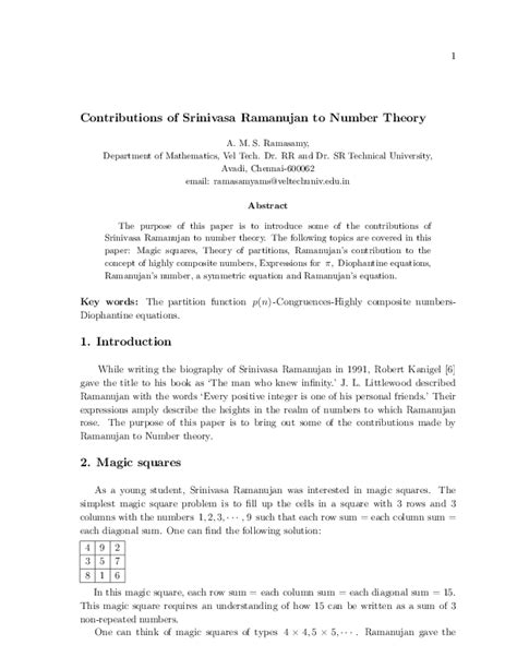 (PDF) Contributions of Srinivasa Ramanujan to Number Theory