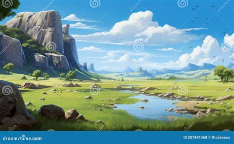 Serene Mountain Landscape in Disney Animation Style Stock Illustration - Illustration of ...