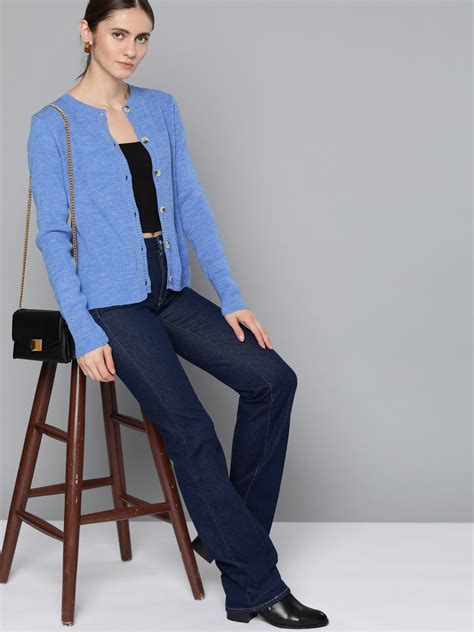 Buy Chemistry Women Blue Ribbed Cardigan Sweaters For Women 18383616