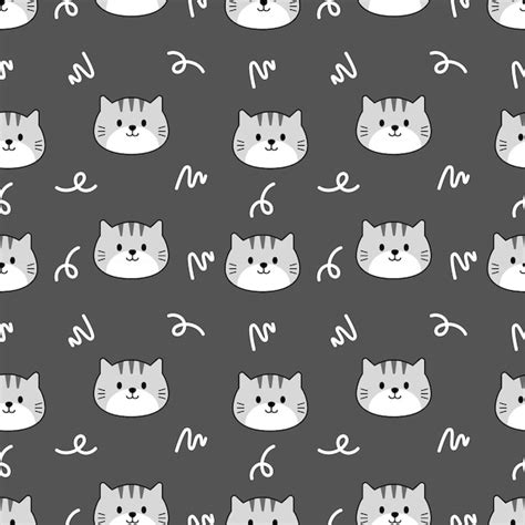 Lindo Dibujo Animado De Gato Gris Con Fondo Sin Costuras Con Fondo Gris Vector Premium