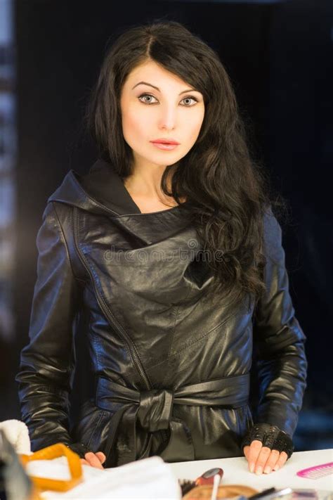 Pretty Brunette In Black Leather Jacket Stock Image Image Of Casual Glamour 131899593