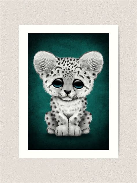 Cute Baby Snow Leopard Cub On Teal Blue Art Print For Sale By