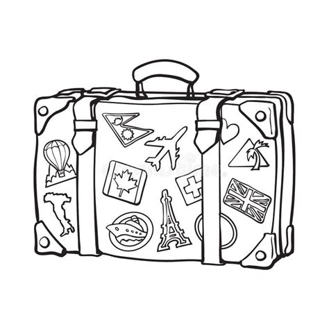 Hand Drawn Retro Style Travel Suitcase With Labels Stock Vector