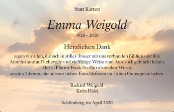 Traueranzeigen von Emma Weigold Schwarzwälder Bote Trauer