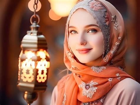 Premium Photo Smiling Beautiful Muslim Woman In Hijab With Lantern At