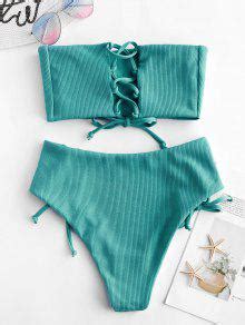 ZAFUL Lace Up Ribbed Strapless Bikini Set In GREEN ZAFUL 2023