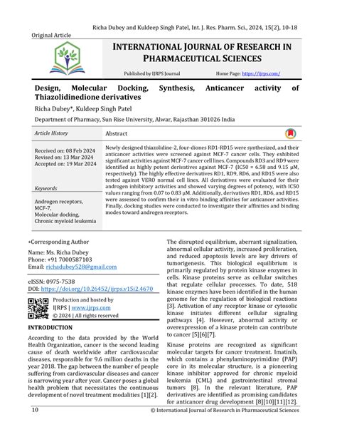 Pdf Design Molecular Docking Synthesis Anticancer Activity Of Thiazolidinedione Derivatives