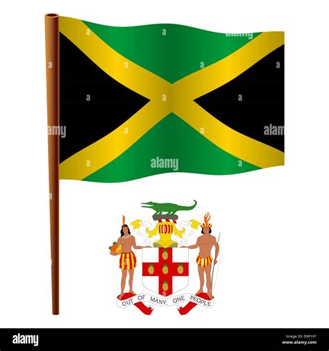 Jamaica ondulada Bandera y escudo contra fondo blanco ilustración