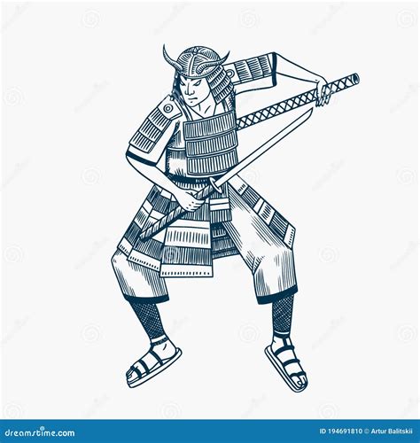 Guerreiros Samurai Japoneses Esbo O De Armas Homens Numa Pose De