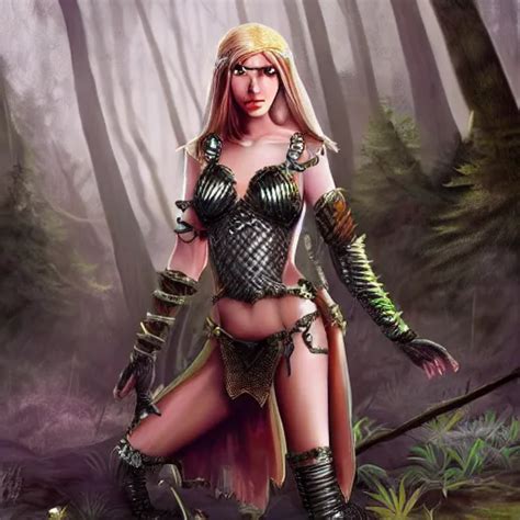 A Female Elf Wearing A Chainmail Bikini In The Forest Stable