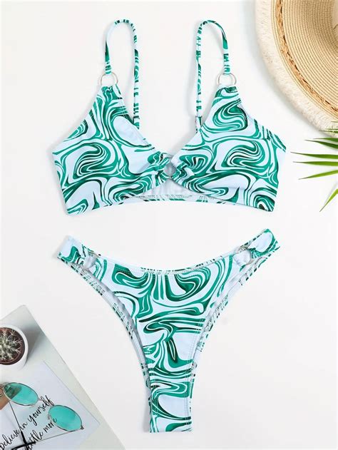 Bañador bikini con patrón de fluido vinculado con aro corte alto Moda