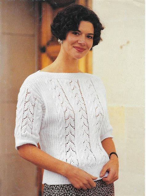 Womens Short Sleeve Lacy Sweater Knitting Pattern Dk 8 Ply Yarn Wool