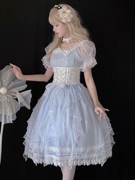 Sweet Lolita Dress Princess Bows Pearls Lace Short Sleeves Light Sky