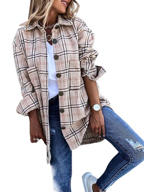 Womens Plaid Jacket Long Sleeve Lapel Button Down Shirts Wool Blend Shacket Coat Casual Tops