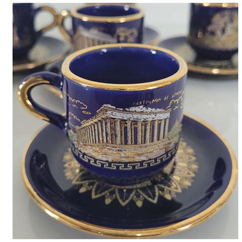 Vintage Greek Demitasse Cups Saucers Set Of Sk Hand Made Etsy