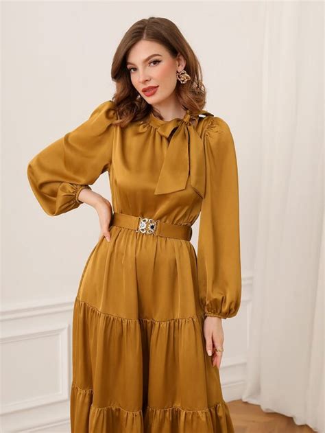 Shein Modely Lantern Sleeve Ruffle Hem Buckled Belted Satin Dress Shein