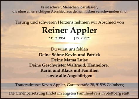 Traueranzeigen Von Reiner Appler Trauer Flz De