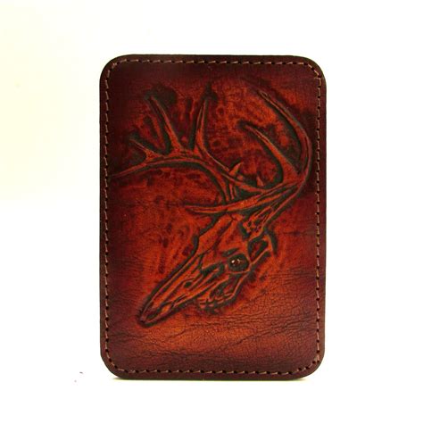 Personalized Leather Thin Wallet Deer Skull Hand Tooled Mens